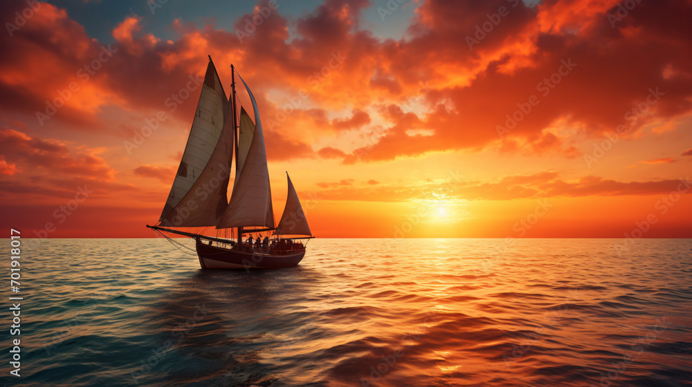 A sailboat sailing on the ocean at sunset