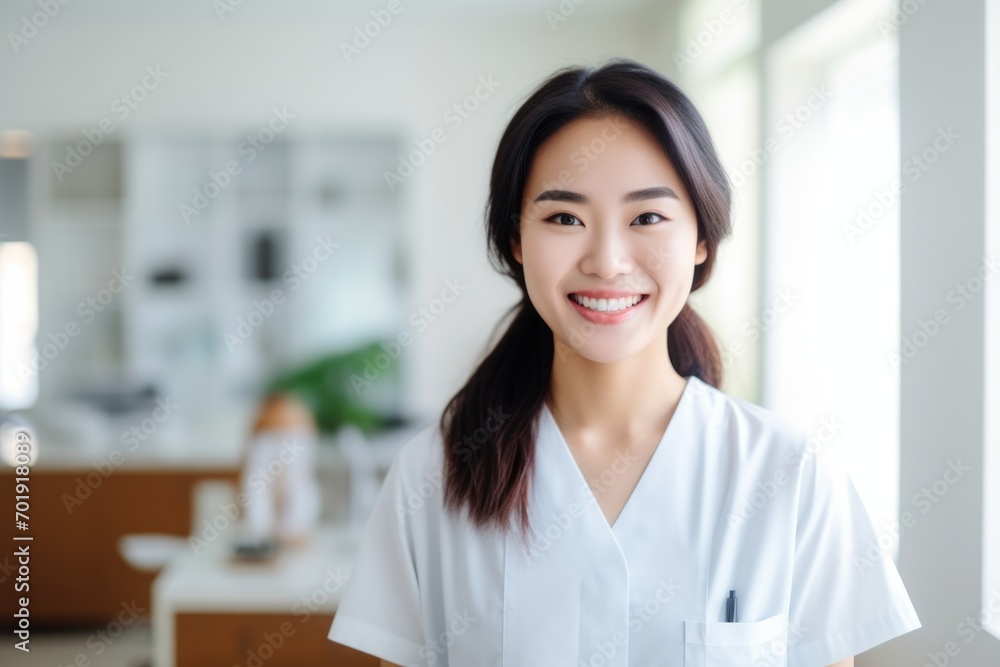 Happy asian woman medical assistant in clinic. Nurse in uniform doctor at hospital Happy asian woman medical assistant in clinic. Nurse in uniform doctor at hospital