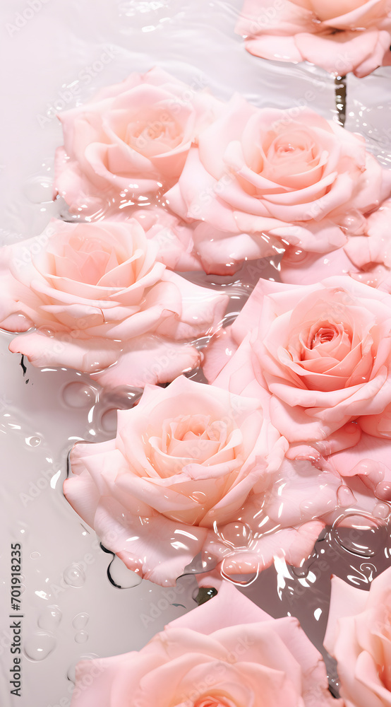 pink roses float above the water. Wet pastel pink  background .