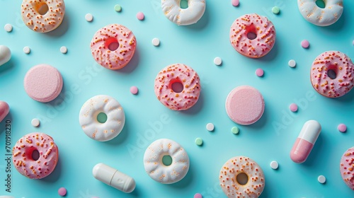 Anti-Obesity Medication Concept on Blue Background. Colorful Assortment of Donuts and anti-obesity pills, medical treatment for weight loss. Confectionery consumption and overweight