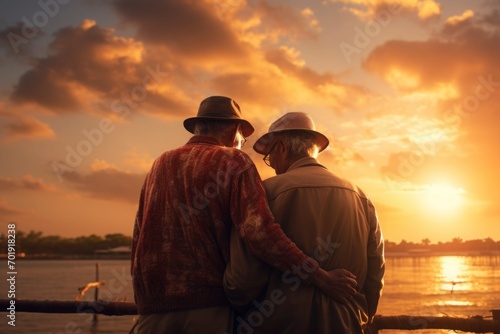 Two elderly men in hats stand with their backs to the viewer