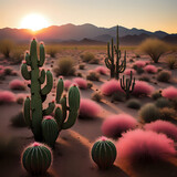A pink cactus garden bathed in a glow of the setting sun, its vibrant flowers and silhouetted trunks creating a serene oasis amidst the arid desert backdrop - generated by ai