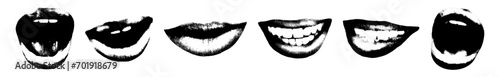 Lips and mouths retro photocopy effect elements set. Grunge punk messy texture. Trendy y2k aesthetic vector illustration with stippling grainy effect