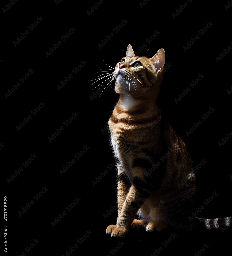 Close-up of striped bengal cat isolated on black background with copy space