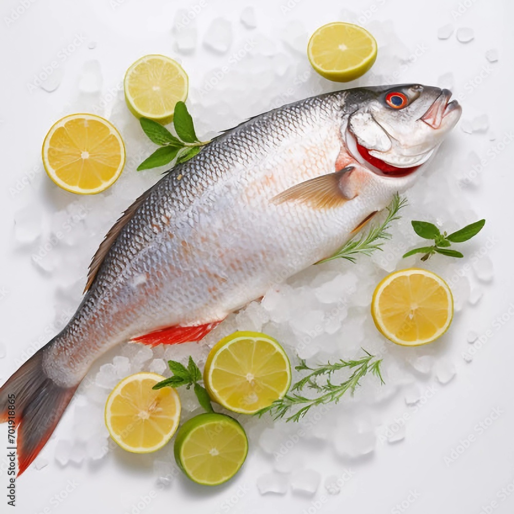 Fresh fish on a white background with ice and lemon, close-up, AI generator