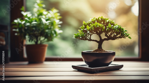 A small bonsai tree sitting on top of a wooden table