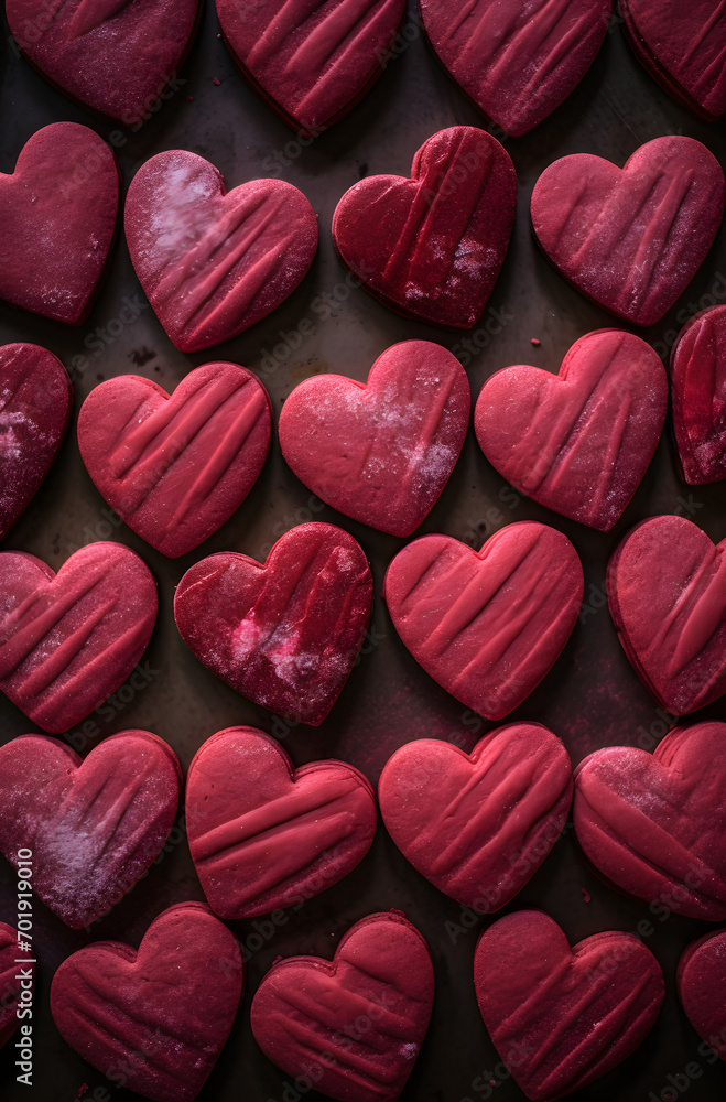 Obraz premium Red hearts-cookies background. Valentine's Day atmosphere.
