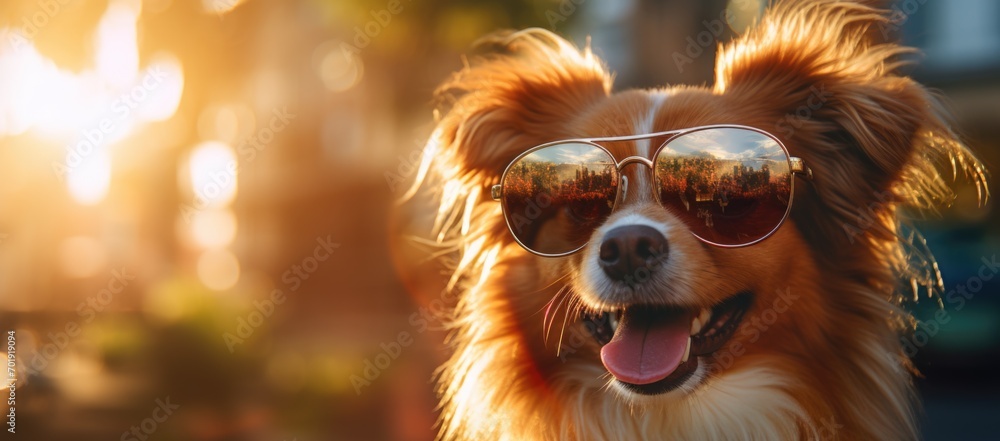 Selfie of a cheerful dog in sunglasses against the backdrop of a sunny street