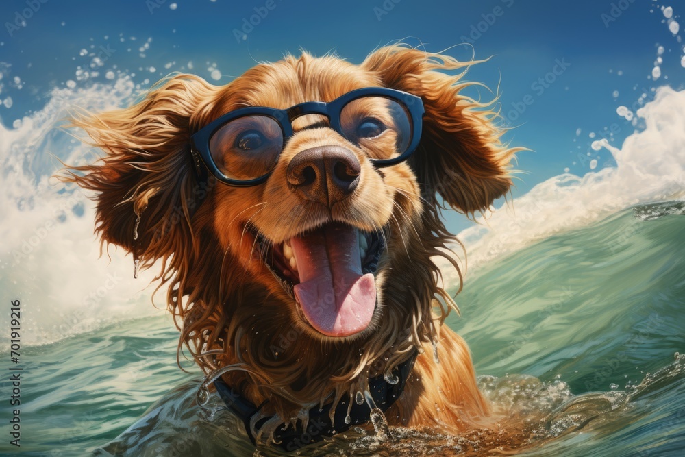 Portrait of young dog with sunglasses at tropical beach