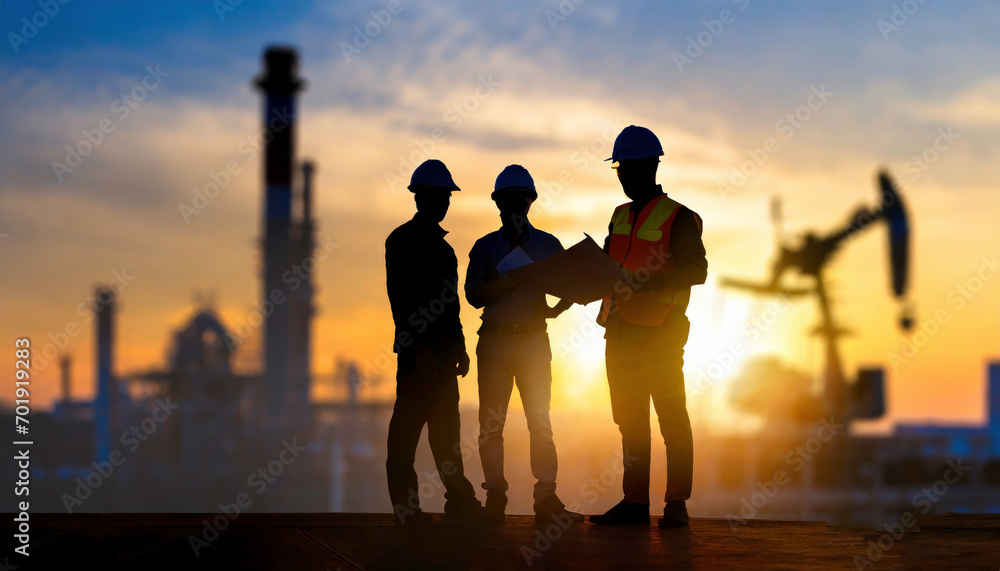 Fototapeta premium People building buildings at sunset