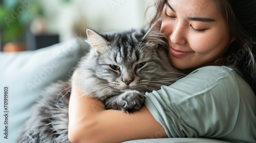 Close up of gentle young asian woman hugging cute grey persian cat on couch in living room at home, Adorable domestic pet concept, with copy space for text. photo