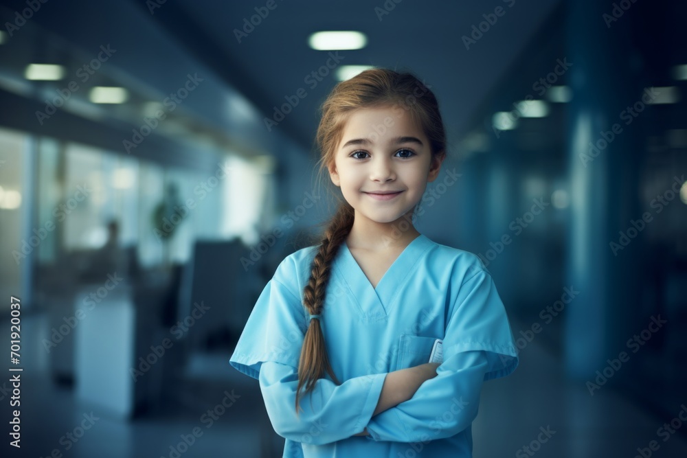 Happy child girl medical assistant in clinic. Nurse in uniform doctor at hospital Happy child girl medical assistant in clinic. Nurse in uniform doctor at hospital