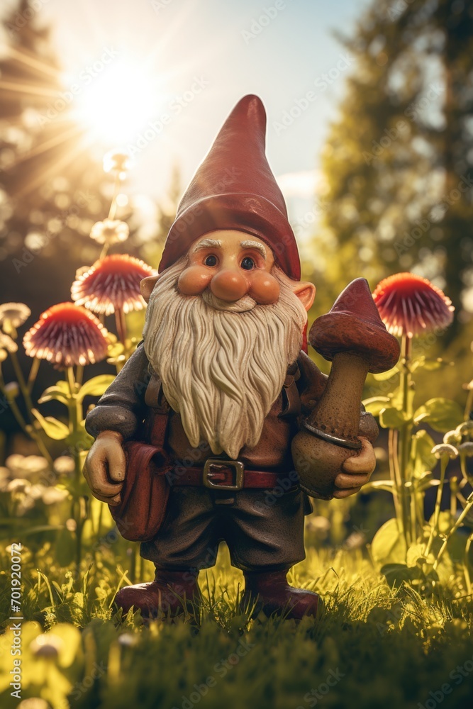 Cute little garden gnome surrounded by flowers and grass against the background of sunlight