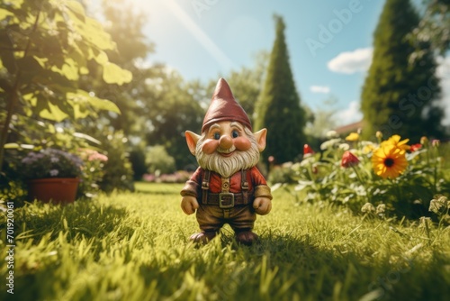 Funny garden gnome on a green meadow
