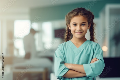 Happy child girl medical assistant in clinic. Nurse in uniform doctor at hospital photo