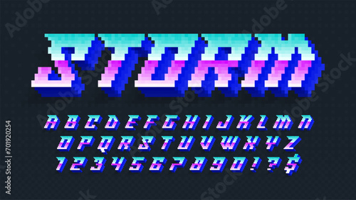 Dynamic pixel alphabet design, stylized like in 8-bit games. High contrast and sharp, retro-futuristic.