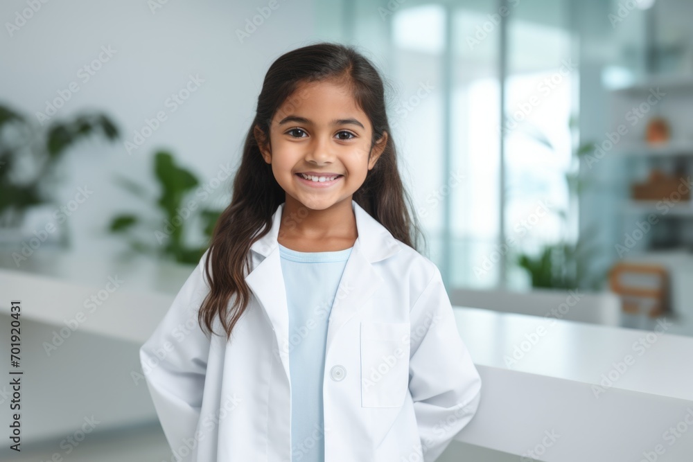 Happy indian child girl medical assistant in clinic. Nurse in uniform doctor at hospital Happy indian child girl medical assistant in clinic. Nurse in uniform doctor at hospital