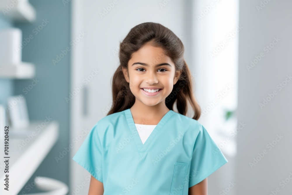 Happy indian child girl medical assistant in clinic. Nurse in uniform doctor at hospital Happy indian child girl medical assistant in clinic. Nurse in uniform doctor at hospital