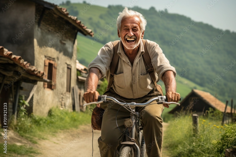 Happy Italian man rides a bicycle along a village road with gray houses and green hills in the background.