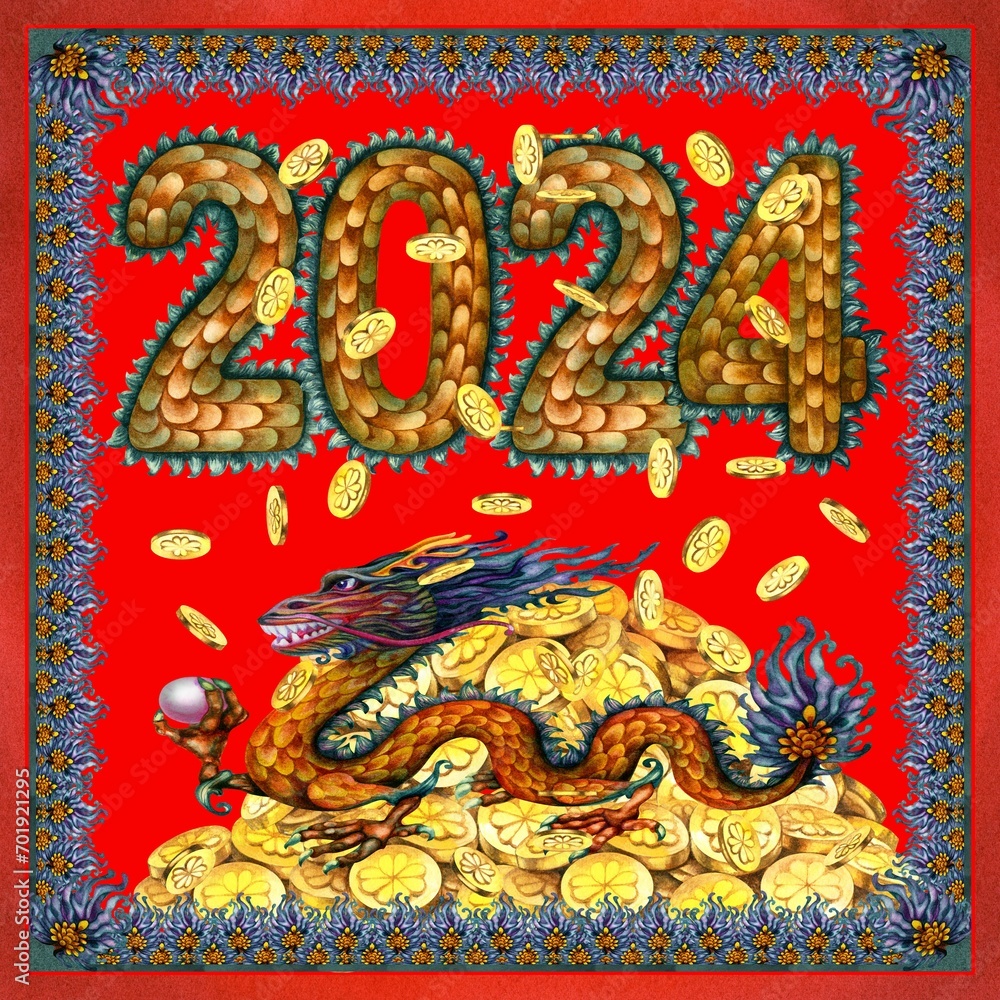 Watercolor green wooden dragon with magic pearl, gold coins with clover and numbers 2024 hand drawn with dragon scale texture. Lunar New Year symbol illustration elements isolated on red background