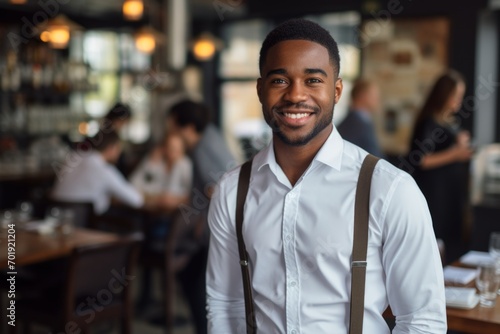 happy african american man waiter in restaurant, cafe or bar