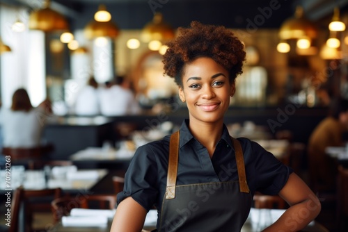 happy african american woman waiter in restaurant  cafe or bar