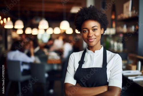 happy african american woman waiter in restaurant, cafe or bar