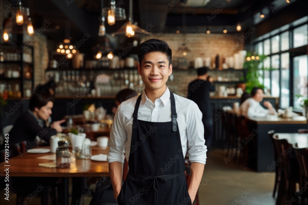 Fototapeta premium happy asian man waiter in restaurant, cafe or bar