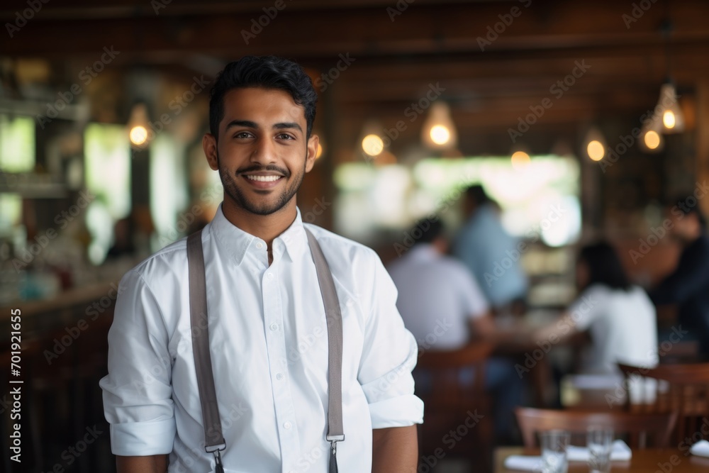 happy indian man waiter in restaurant, cafe or bar happy indian man waiter in restaurant, cafe or bar