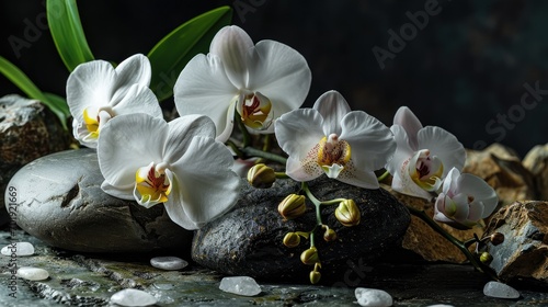 carefully composed arrangement featuring orchids and stones, capturing their aesthetics in intricate details 