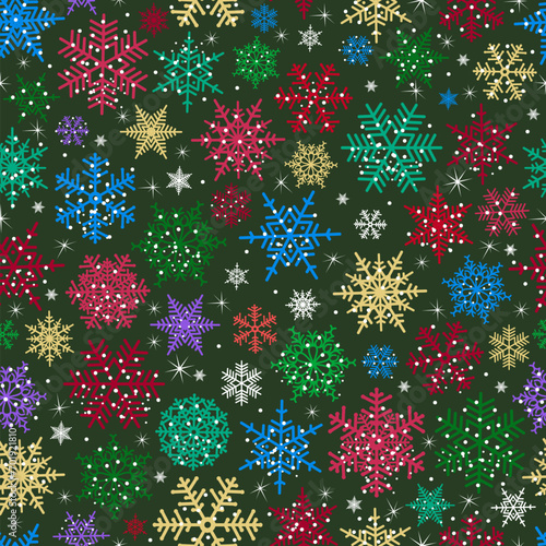 Seamless pattern with colorful snowflakes. Decorative background for greeting, invitation card, fabric, textile, wrapping paper, poster, cover or web design
