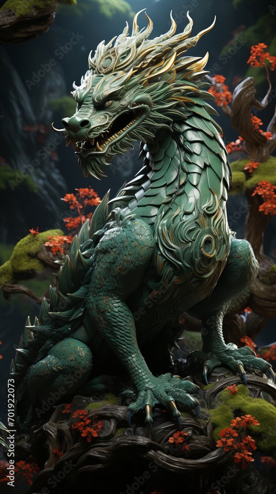 Green dragon, symbol of Chinese New Year 2024, on natural background