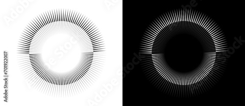 Art sun concept background. Tattoo template or logo with lines. Black shape on a white background and the same white shape on the black side.