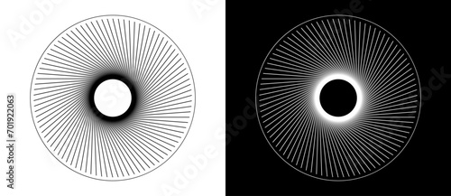 Art sun concept background. Tattoo template or logo with lines. Black shape on a white background and the same white shape on the black side.