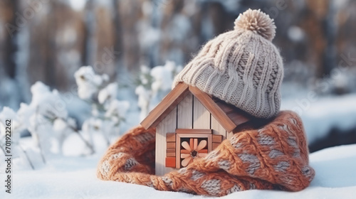 A wooden toy house in the snow in winter is cover