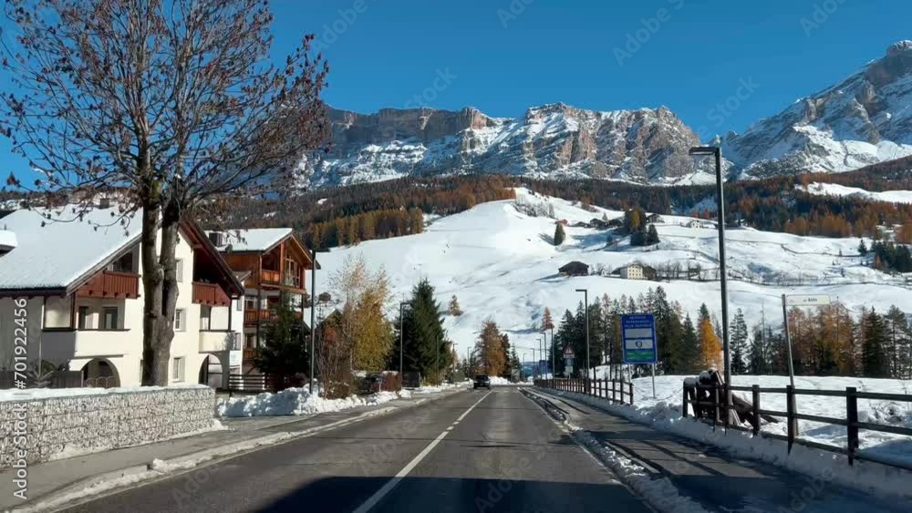 Winter landscape view from car driving on snowy mountain road in Dolomites Alps Italy November 5, 2023. High quality 4k footage Winter landscape view from car driving on snowy mountain road in Dolomites Alps Italy November 5, 2023. High quality 4k footage