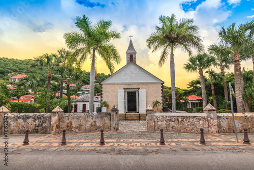 Anglican church in Gustavia, Saint Barthelemy at sunset. photo