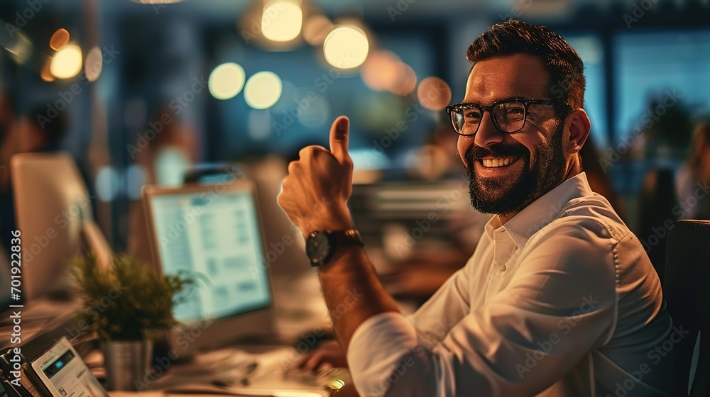 Happy office colleague showing thumbs up, created with Generative Ai technology. Happy office colleague showing thumbs up, created with Generative Ai technology.