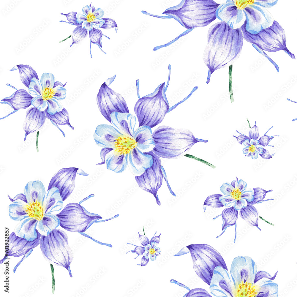 Watercolor seamless pattern purple flower anemone hand drawn in botanical style. Art print for wallpaper, textile, wrapping paper, scrapbooking design