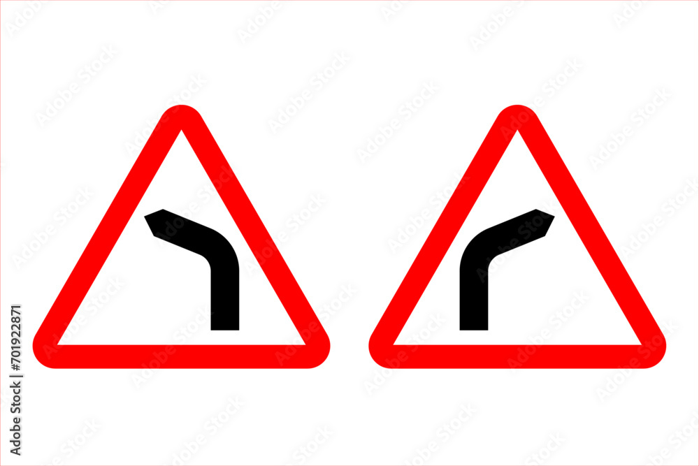 Warning of dangerous turn. Road sign - sharp left turn. Road sign - sharp right turn. Warning road sign. Red triangle with black bend symbol inside. Vector illustration isolated on white. Warning of dangerous turn. Road sign - sharp left turn. Road sign - sharp right turn. Warning road sign. Red triangle with black bend symbol inside. Vector illustration isolated on white.