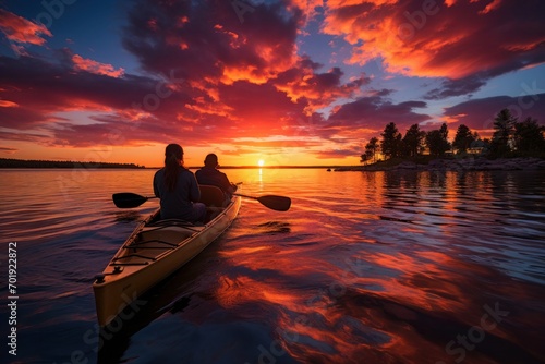 Paddlers bask in the sunset s fiery glow  a canvas of color on the tranquil lake.