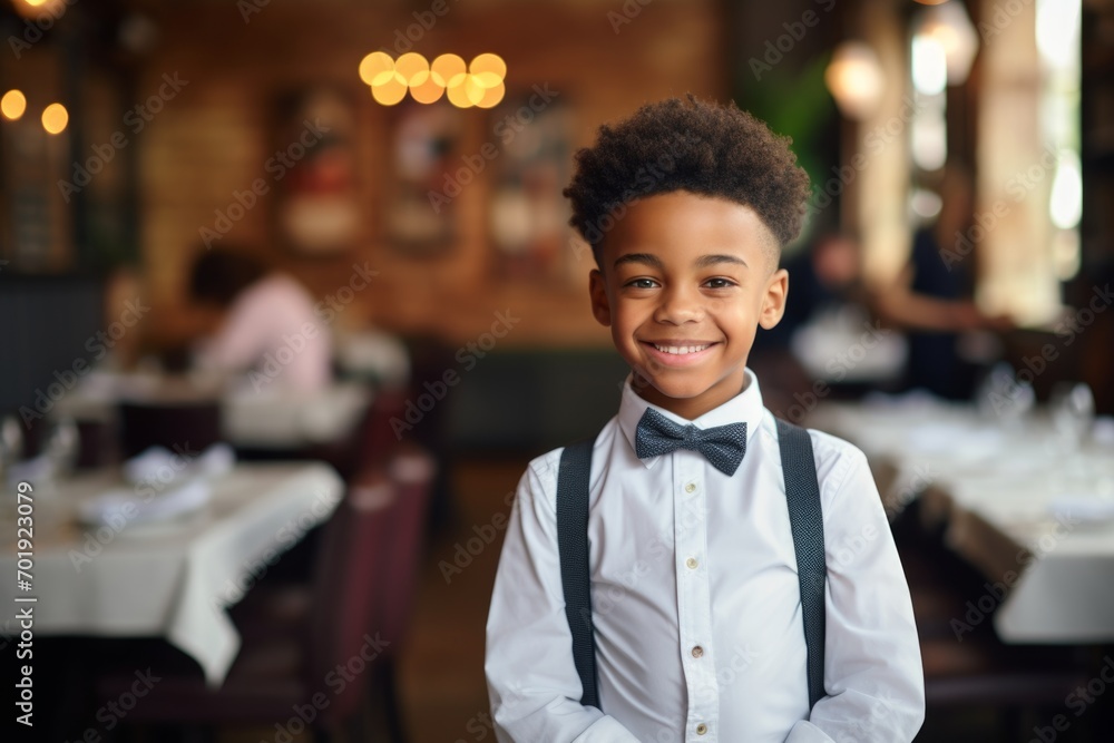 Fototapeta premium happy african american child boy waiter in restaurant, cafe or bar