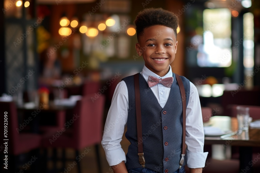 Fototapeta premium happy african american child boy waiter in restaurant, cafe or bar