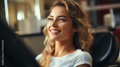 Young beutiful smiling woman sitting in dentist or cosmetologist chair.
