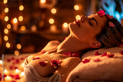 Romantic Petal Spa: A Woman Enjoys Valentine's Day Pampering at the Spa - Love, Romance, and Relaxation Unite in a Special Moment Surrounded by Rose Petals.