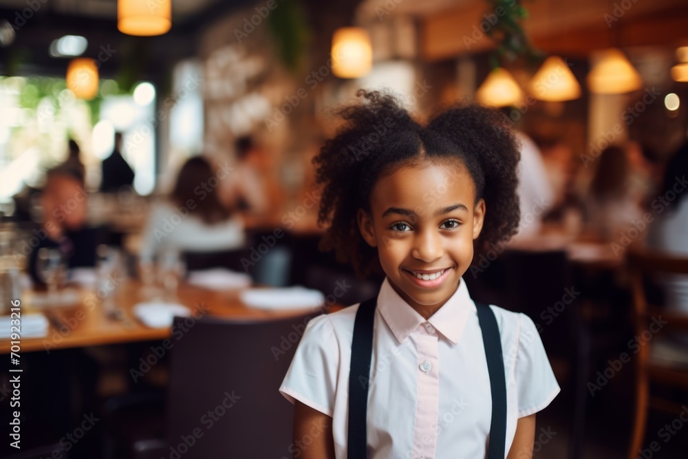 happy african american child girl waiter in restaurant, cafe or bar