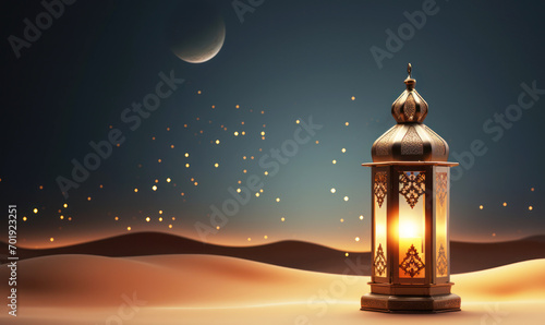 Background for Ramadan with a place for text. A night in the desert, a lamp