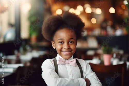 happy african american child girl waiter in restaurant, cafe or bar