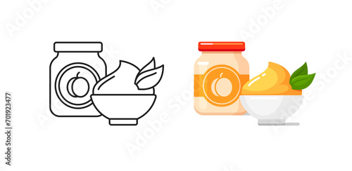 Baby food icons with peach puree in glass jar and white bowl. Vector outline and colorful illustrations of healthy nutrition for infants in container with label. Kids food from organic fruits