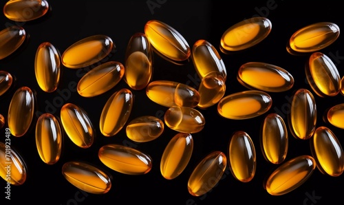 Top view of golden fish oil capsules on black background in dark, panoramic shot, AI generator